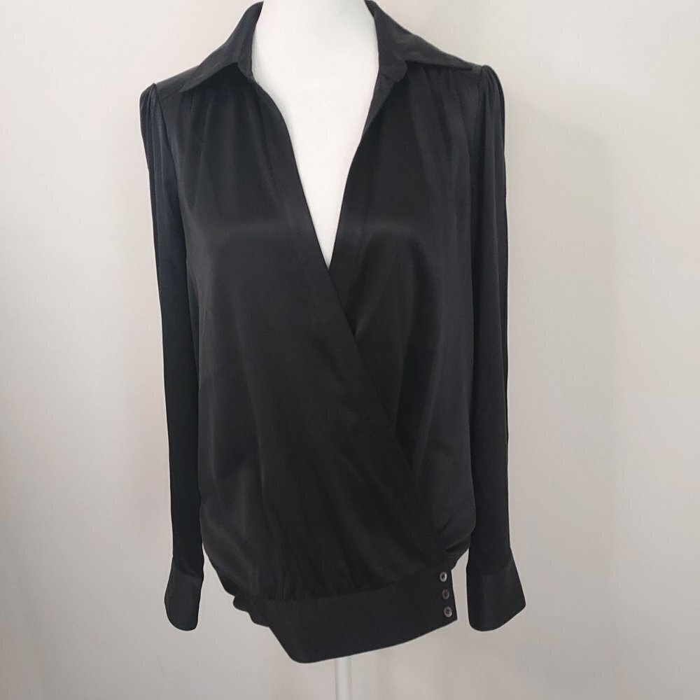 BCBGMAXAZRIA  Long Sleeve Black Silk Wrap Blouse